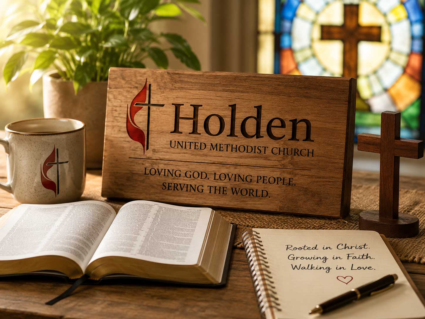 Bible, cross, and church items representing Christian mission and service through Holden United Methodist Church