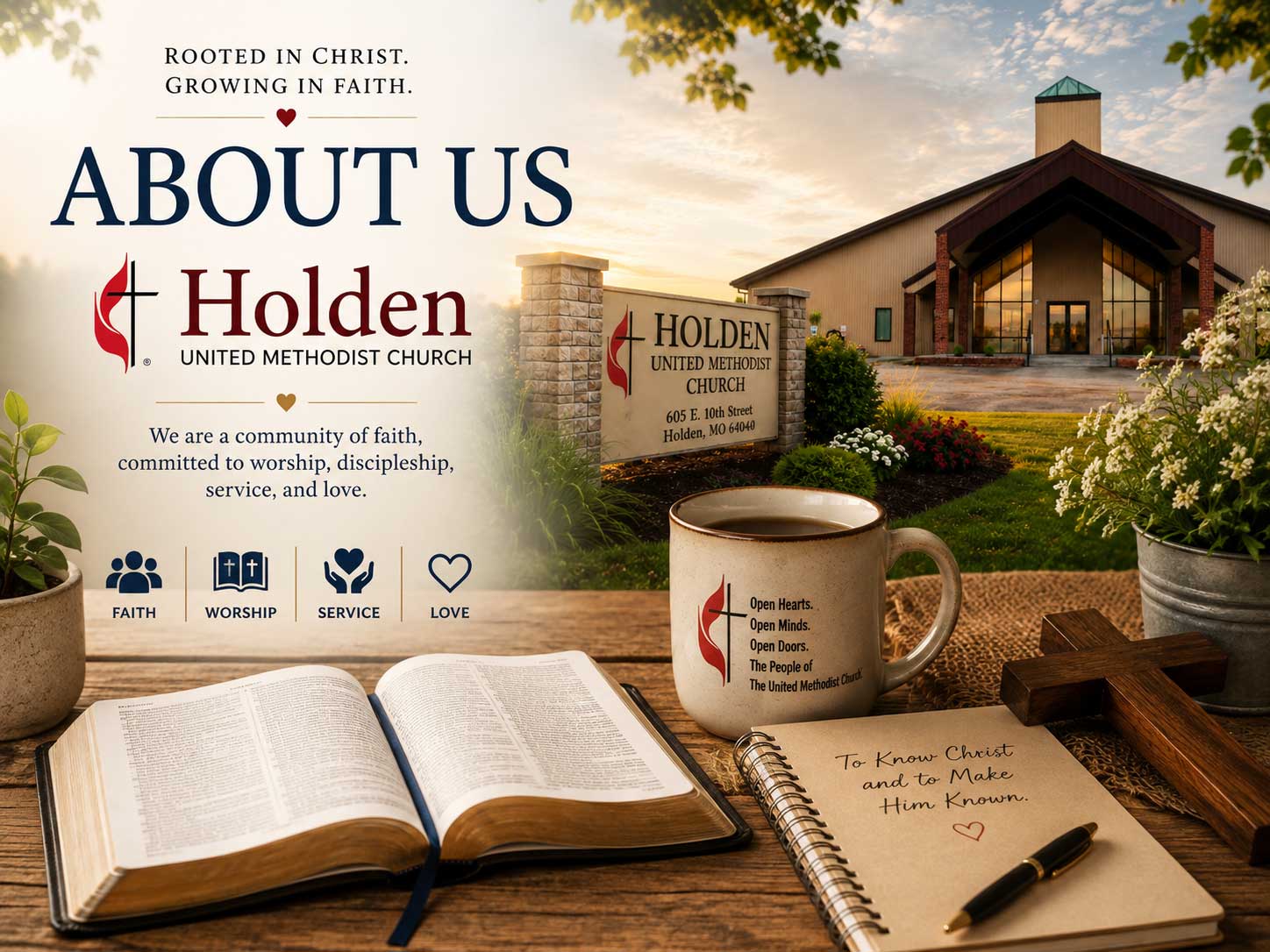 Open Bible, wooden cross, and United Methodist Church mug representing the worship and ministry of Holden United Methodist Church