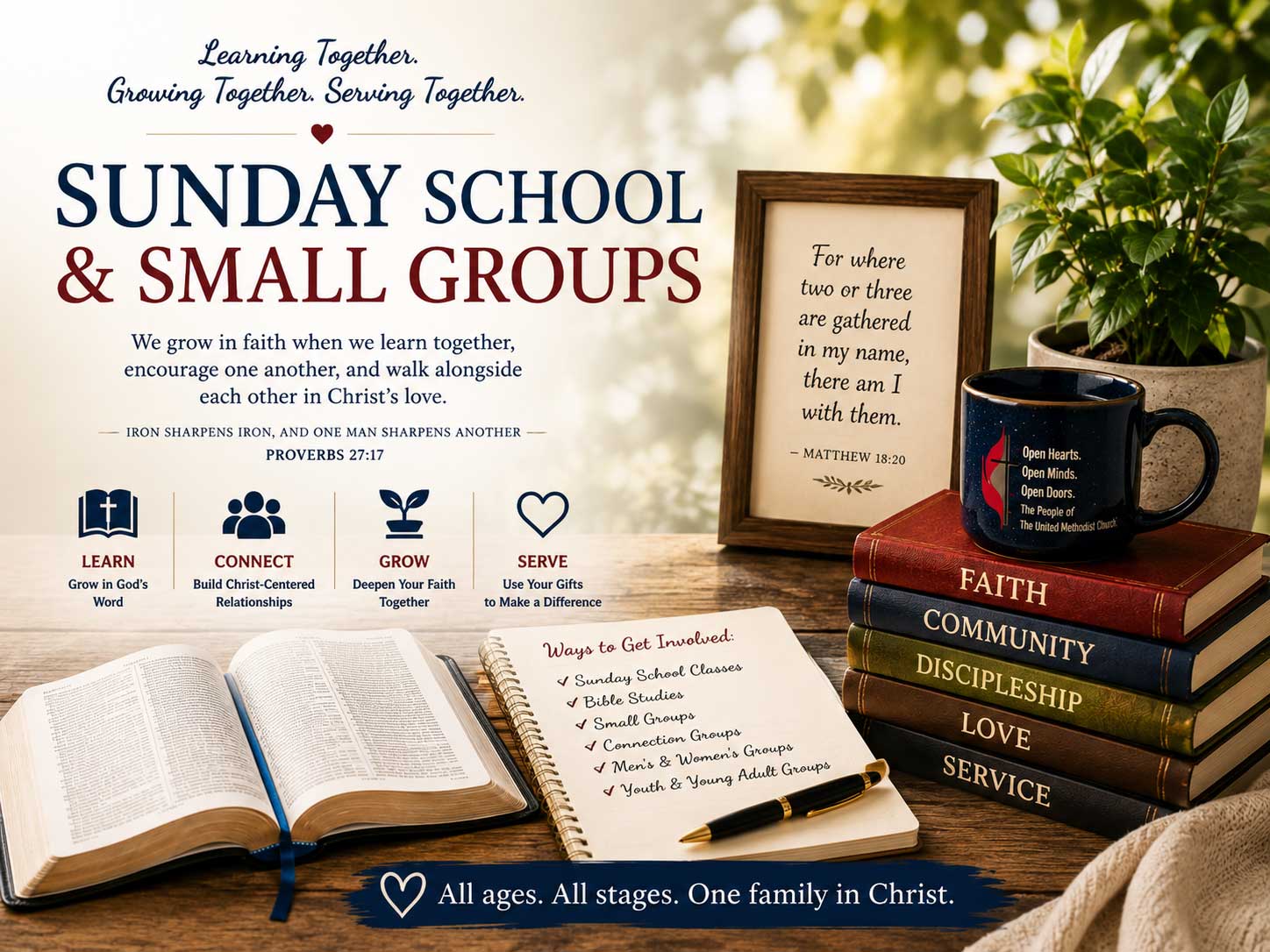 Bible, cross, and church items representing Christian learning and fellowship at Holden United Methodist Church