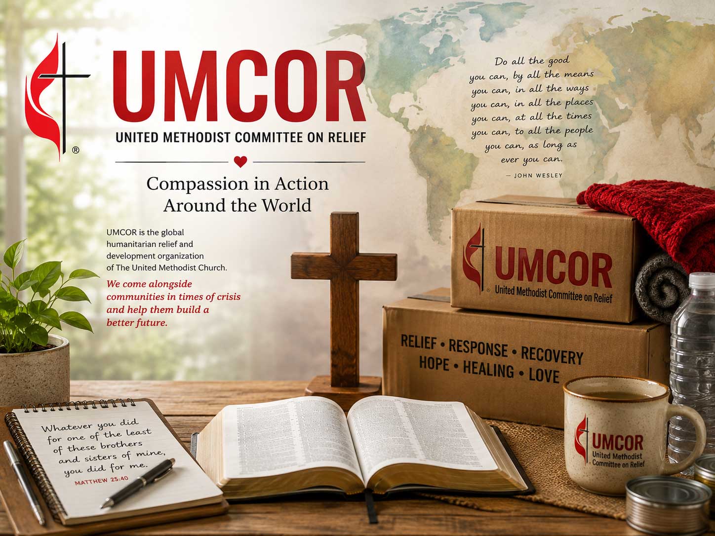 Bible, cross, and church items representing Christian service through Holden United Methodist Church