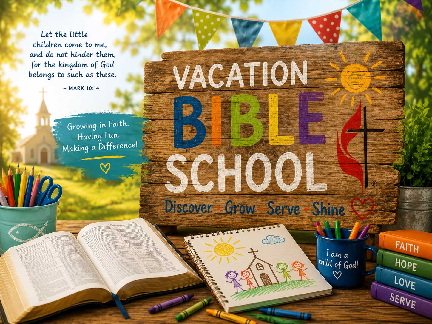 Bible, cross, and church items representing Christian learning and fellowship at Holden United Methodist Church